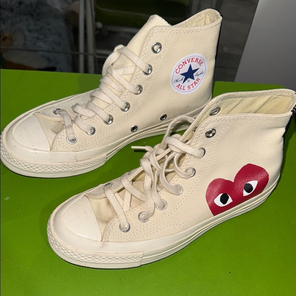 Cream High-Top Sneakers with Red Heart Logo